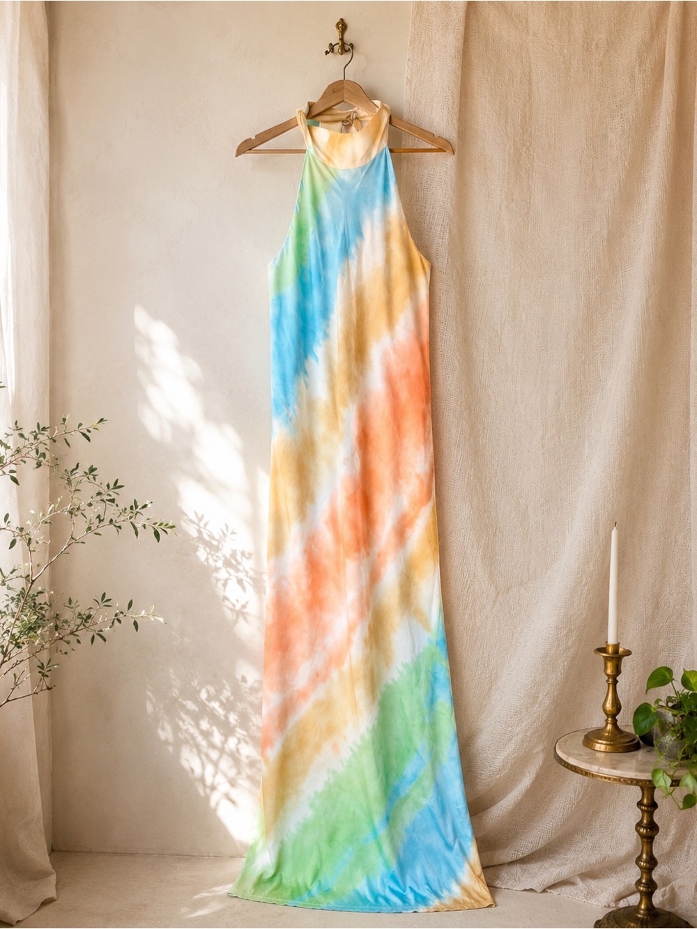 Pastel Tie-Dye Halter Maxi Dress Y2K Boho Beach Vacation Festival